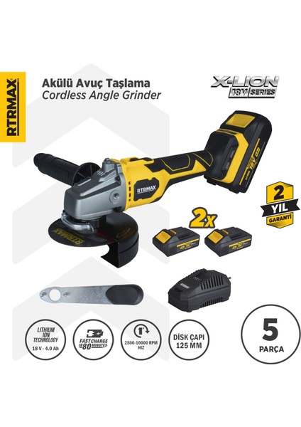 RTX3060 Şarjlı Avuç Taşlama Makinası Kömürsüz 125mm 2x4AhPlus Çift Akü Hızlı Şarj X-Lion - Akü Dahil
