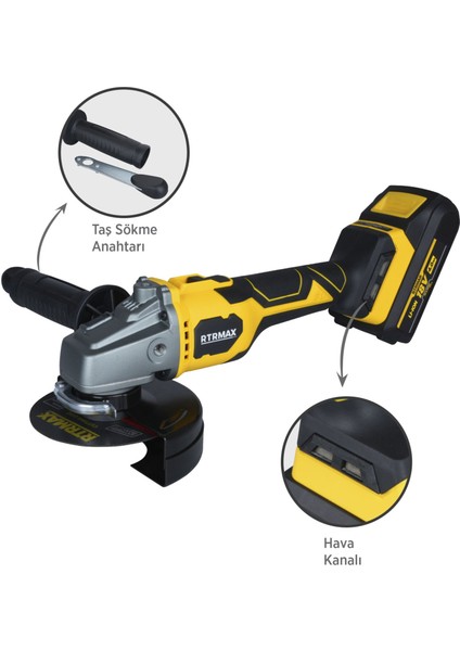 RTX3060 Şarjlı Avuç Taşlama Makinası Kömürsüz 125mm 2x4AhPlus Çift Akü Hızlı Şarj X-Lion - Akü Dahil