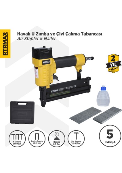 RTM0124 Havalı U Zımba ve Çivi Çakma Tabancası 10-50 / 16-40 Çantalı