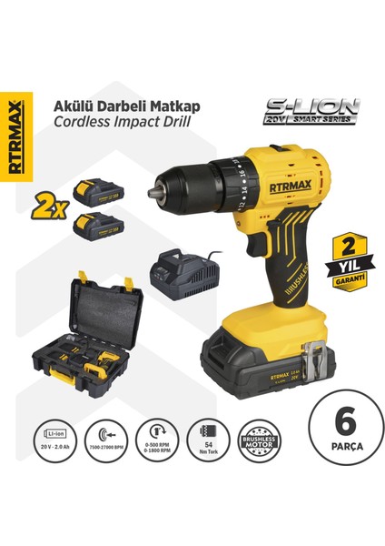 RTS5012 Şarjlı Darbeli Matkap Kömürsüz 54 Nm 2x2 Ah 20V Çift Akü S-Lion - Akü Dahil