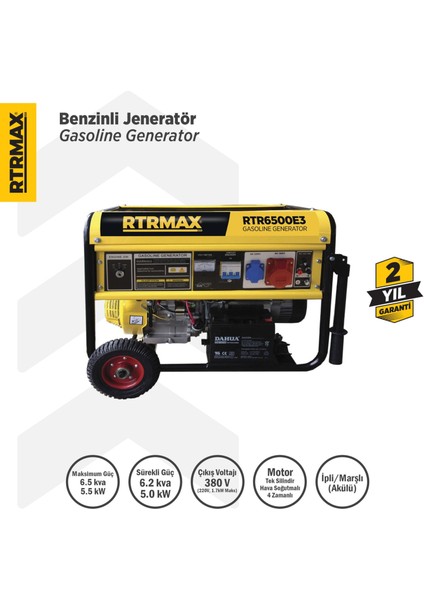 RTR6500E3 Benzinli Jeneratör (Trifaze) 6.8 Kva / 5.5 kW 380 V İpli / Marşlı (Akülü)