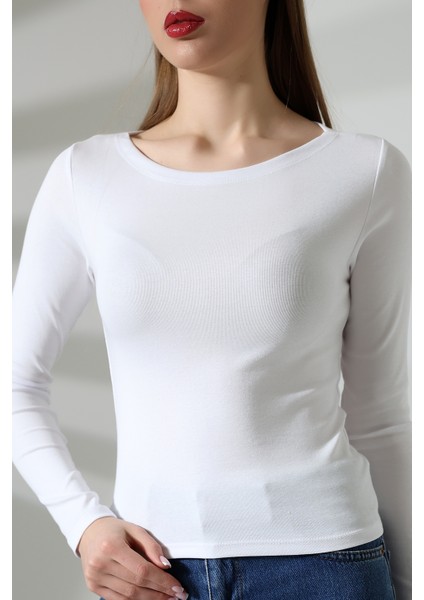 Uzun Kollu Kayık Yaka Vücudu Saran Basic Kadın Body T-Shirt 21897 Beyaz fiyatları