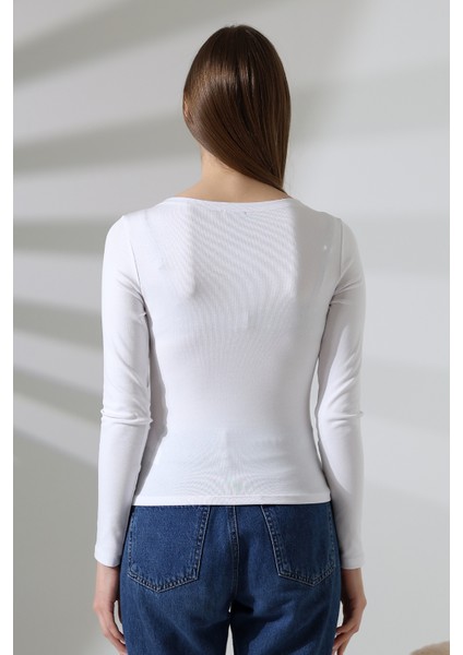 Uzun Kollu Kayık Yaka Vücudu Saran Basic Kadın Body T-Shirt 21897 Beyaz fırsatları