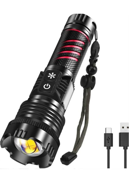 BR-6800 Zoomlu 30W El Feneri Cob LED 8 Fonksiyonlu C-Tip Şarj Edilebilir Powerbank Taktik El Feneri
