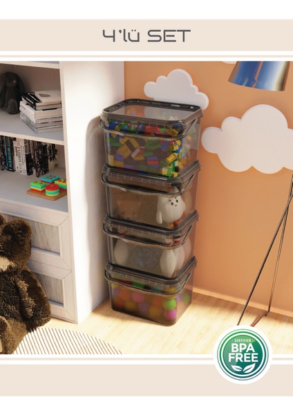 15 Litre 4'lü Oyuncak Düzenleme Kutusu - Renkli Çok Amaçlı İstiflenebilir Organizer