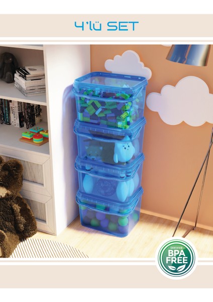 15 Litre 4'lü Oyuncak Düzenleme Kutusu - Renkli Çok Amaçlı İstiflenebilir Organizer