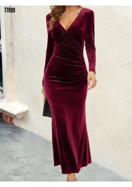 Kurvaze Belden Büzgü V Yaka Inci Kadife Ful Likralı Midi Elbise