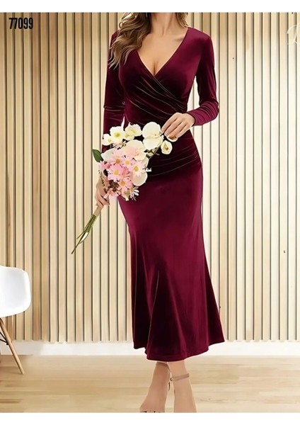 Kurvaze Belden Büzgü V Yaka Inci Kadife Ful Likralı Midi Elbise modelleri