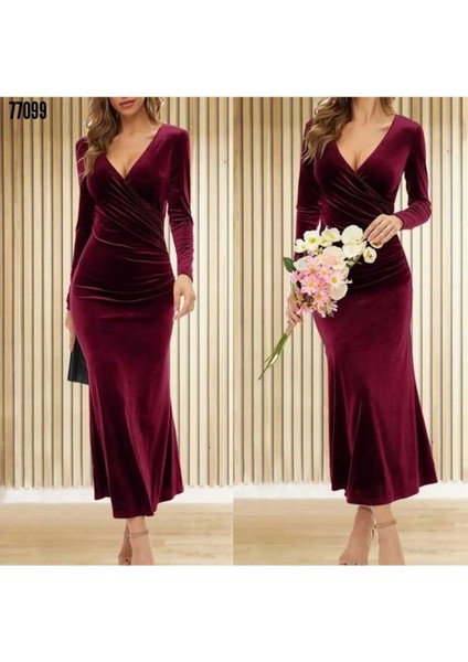 Kurvaze Belden Büzgü V Yaka Inci Kadife Ful Likralı Midi Elbise fırsatları