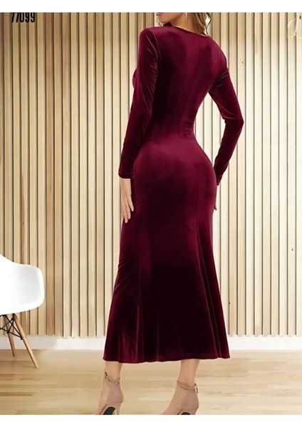 Kurvaze Belden Büzgü V Yaka Inci Kadife Ful Likralı Midi Elbise indirimleri