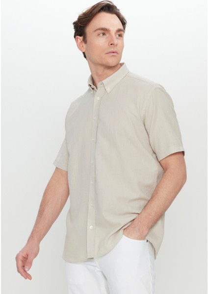 %100 Pamuk Comfort Fit Rahat Kesim Düğmeli Gömlek Yaka Armürlü Gömlek