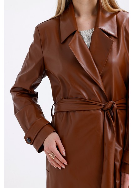 Astarlı Beli Kuşaklı Apoletli Suni Deri Trençkot Pardüsü modelleri