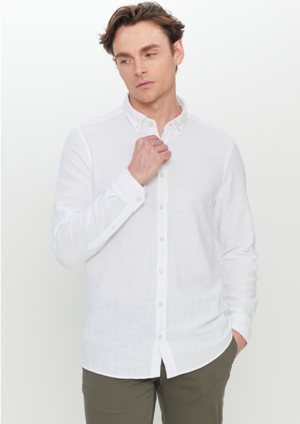 %100 Pamuk Flamlı Slim Fit Dar Kesim Düğmeli Yaka Armürlü Gömlek modelleri