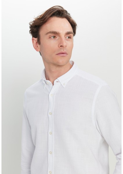 %100 Pamuk Flamlı Slim Fit Dar Kesim Düğmeli Yaka Armürlü Gömlek fırsatları