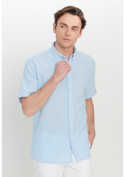 %100 Pamuk Comfort Fit Rahat Kesim Düğmeli Gömlek Yaka Armürlü Gömlek