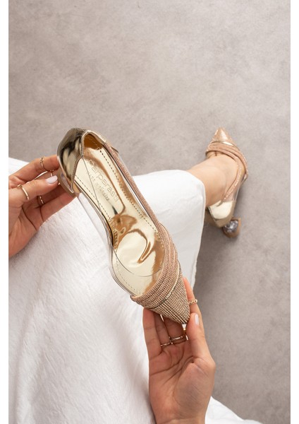 Kadın Rose Şeffaf Kristal Taşlı Kadeh Düğün Nişan Kadın Topuklu Abiye Ayakkabı