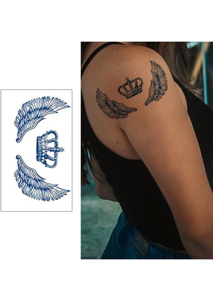 1 Ay Kalıcı Gerçekçi Kanat ve Kral Taç Model 12 Saat Sonra Kararan Yapıştırma Geçici Dövme Tattoo