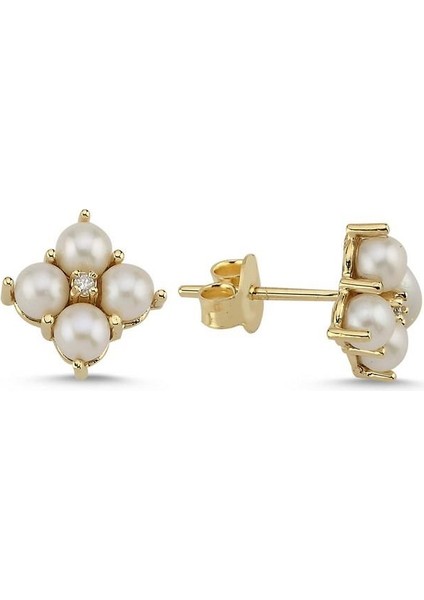 14 Ayar Altın Dörtgen 0,03 ct Doğal İnci Pırlanta Küpe