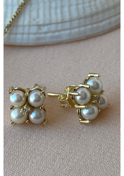 14 Ayar Altın Dörtgen 0,03 ct Doğal İnci Pırlanta Küpe modelleri