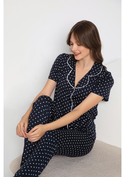 Kadın Kısa Kol Gömlek Yaka Lacivert Pijama Takımı C3T5N2O-048