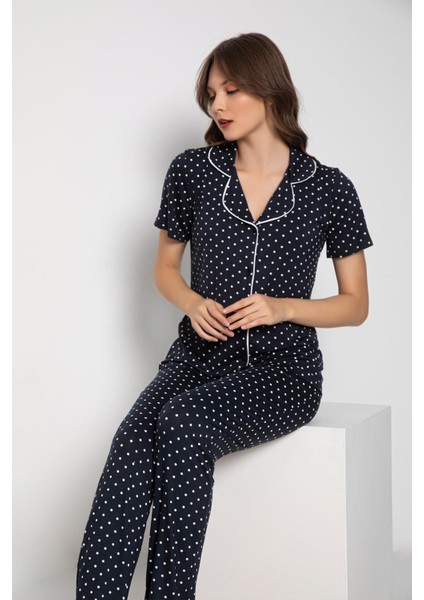Kadın Kısa Kol Gömlek Yaka Lacivert Pijama Takımı C3T5N2O-048 fiyatları