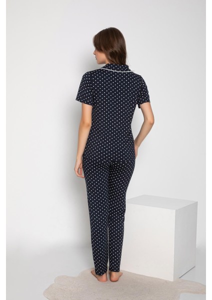 Kadın Kısa Kol Gömlek Yaka Lacivert Pijama Takımı C3T5N2O-048 modelleri