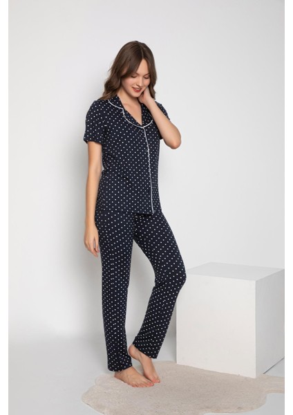 Kadın Kısa Kol Gömlek Yaka Lacivert Pijama Takımı C3T5N2O-048 fırsatları