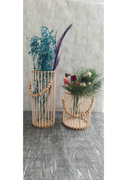 Boncuklu Ahşap Pampas Vazo 2 Li Set (40CM - 26CM)