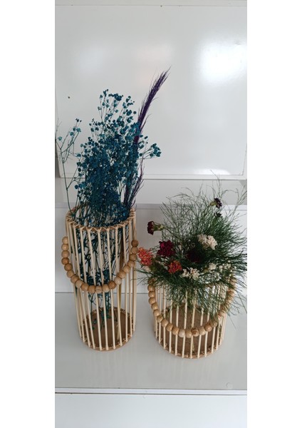 Boncuklu Ahşap Pampas Vazo 2 Li Set (40CM - 26CM) fiyatları