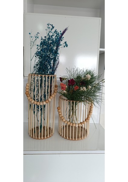 Boncuklu Ahşap Pampas Vazo 2 Li Set (40CM - 26CM) fırsatları