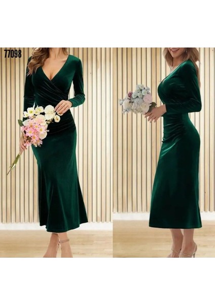 Kurvaze Belden Büzgü V Yaka Inci Kadife Ful Likralı Midi Elbise fiyatları