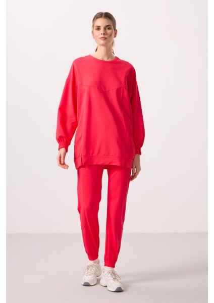Viva Kırmızı O Yaka Basic Oversize Kadın Eşofman Tunik Takım - 95347