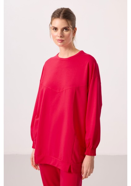 Viva Kırmızı O Yaka Basic Oversize Kadın Eşofman Tunik Takım - 95347
