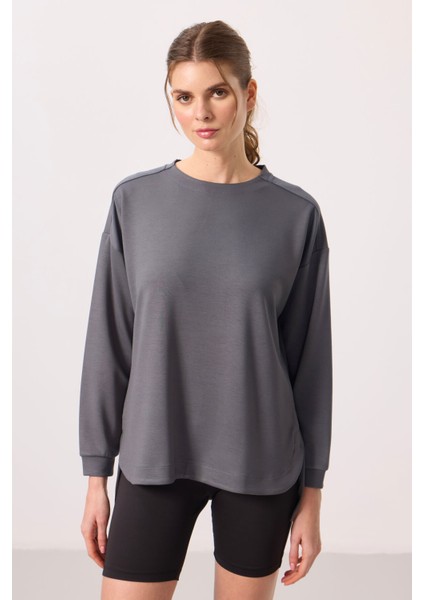 Koyu Gri Yumuşak Dokulu O Yaka Rahat Form Kadın Tunik Sweatshirt - 97305