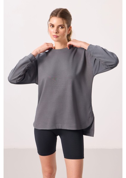 Koyu Gri Yumuşak Dokulu O Yaka Rahat Form Kadın Tunik Sweatshirt - 97305