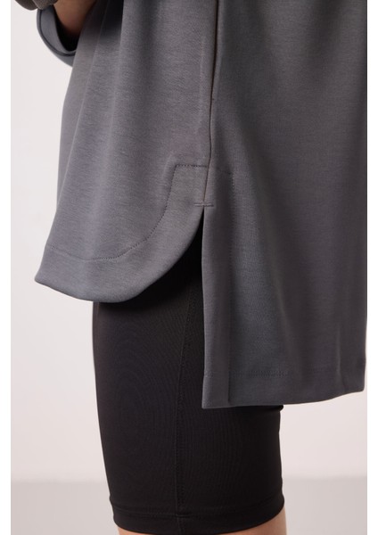 Koyu Gri Yumuşak Dokulu O Yaka Rahat Form Kadın Tunik Sweatshirt - 97305
