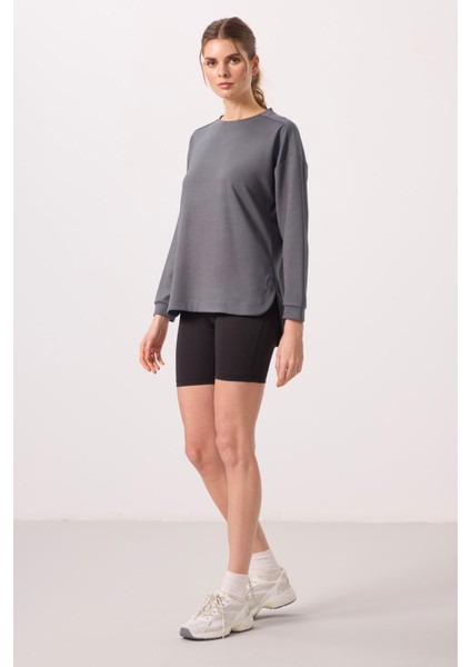 Koyu Gri Yumuşak Dokulu O Yaka Rahat Form Kadın Tunik Sweatshirt - 97305