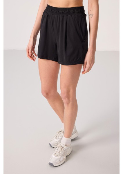 Siyah Polyester Gizli Cep Fermuarlı Rahat Form Kadın Şort - 91014