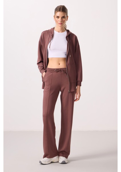 Kahverengi Yumuşak Dokulu Cepli Ön Dikiş Detaylı Kadın Palazzo Pantolon - 94670