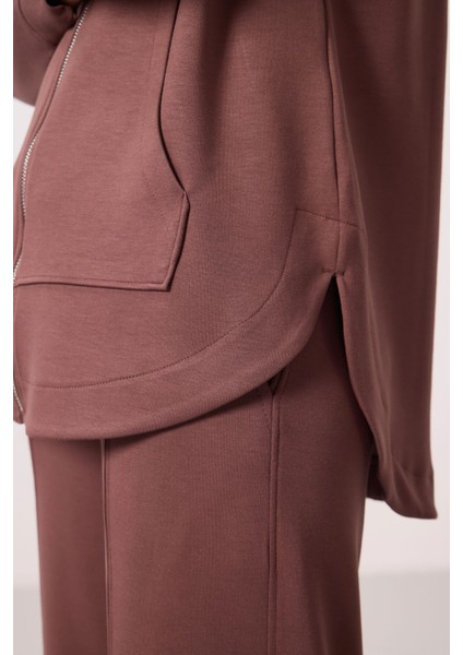 Kahverengi Yumuşak Dokulu Kapüşonlu Oversize Kadın Tunik Sweatshirt - 97302 modelleri