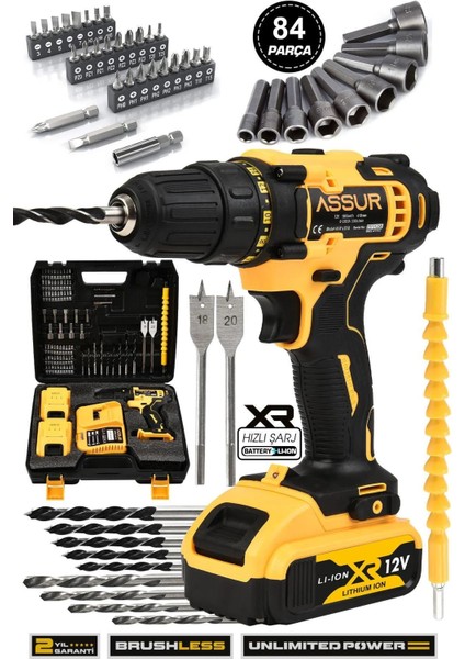 12V 2.0AH Şarjlı Matkap Metal Şanzıman Bakır Sargılı Çift Akülü 84 Parça Set Yüksek Torklu