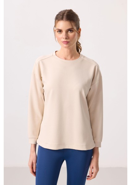 Bej Yumuşak Dokulu O Yaka Rahat Form Kadın Tunik Sweatshirt - 97305