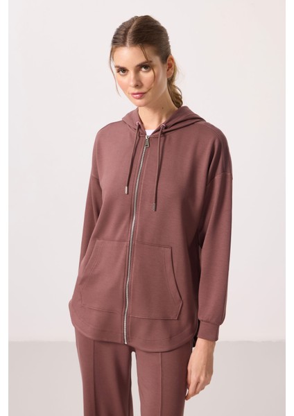 Kahverengi Yumuşak Dokulu Kapüşonlu Oversize Kadın Tunik Sweatshirt - 97302