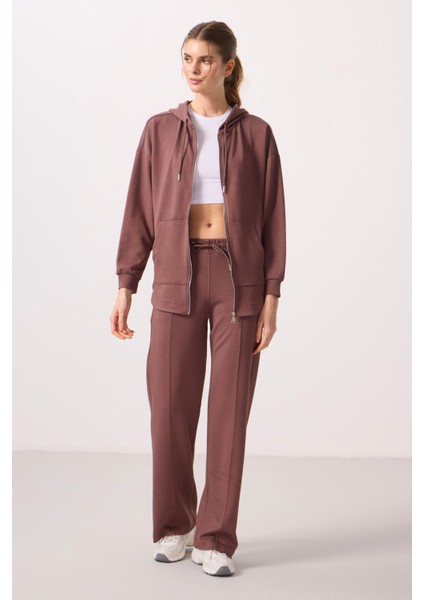 Kahverengi Yumuşak Dokulu Kapüşonlu Oversize Kadın Tunik Sweatshirt - 97302 fırsatları