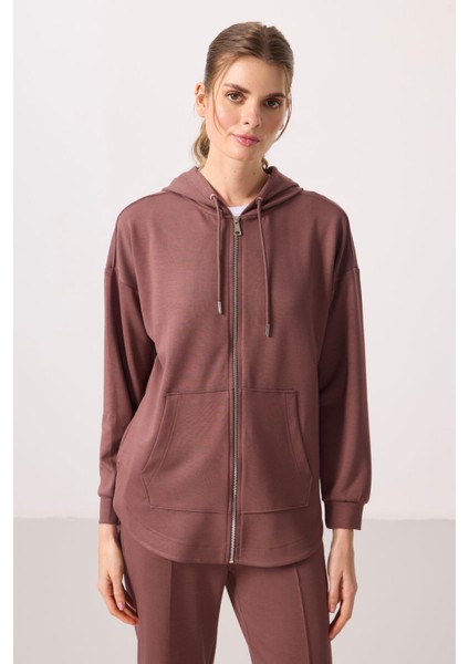 Kahverengi Yumuşak Dokulu Kapüşonlu Oversize Kadın Tunik Sweatshirt - 97302 indirimleri