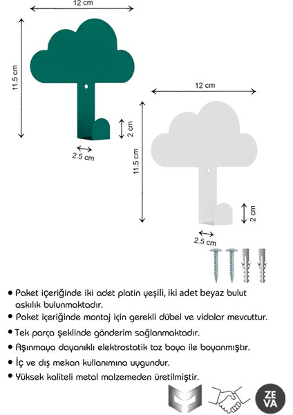 Çocuk Odaları & Banyo Için Metal Bulut Şeklinde 4 Adet Askı - Dayanıklı Tasarım Duvara Monte Askı