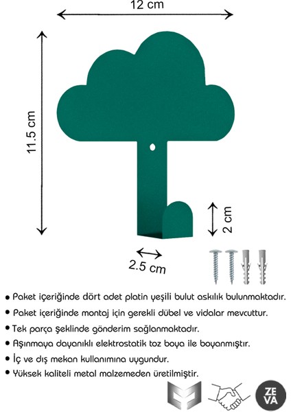 Çocuk Odaları & Banyo Için Metal Bulut Şeklinde 4 Adet Askı - Dayanıklı Tasarım Duvara Monte Askı
