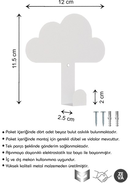 Çocuk Odaları & Banyo Için Metal Bulut Şeklinde 4 Adet Askı - Dayanıklı Tasarım Duvara Monte Askı
