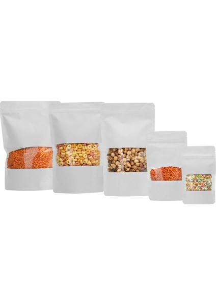 Pencereli Beyaz Kraft Kilitli Doypack Ambalaj 20 x 30 + 5 cm. 1000 Gr. - 1.000 Adet