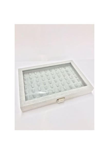 Yeni Yerli Üretim Cam Kapaklı Süet Kumaş Gri Renk 34 cm / 24 cm Tırnaklı Yüzük Sergileme Standı